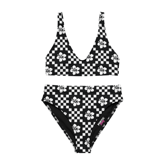 Checkerboard Hibiscus Flower Summer High-Waisted Recycled Fabric Bikini Swimwear