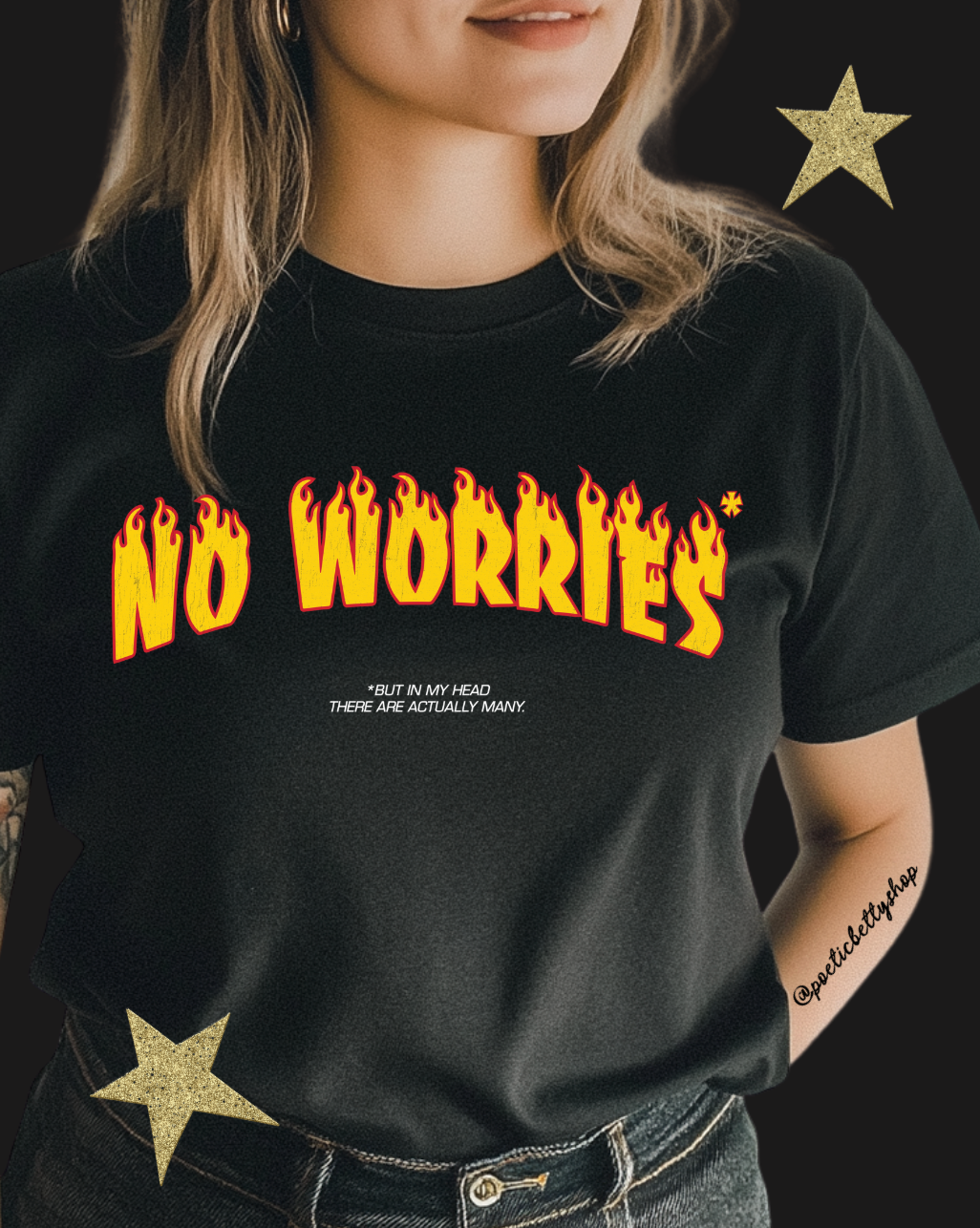 No Worries Flames Vintage Black T-Shirt
