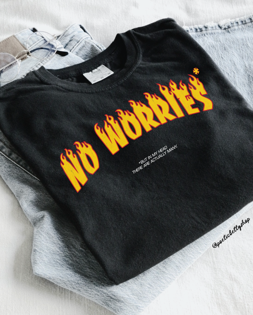 No Worries Flames Vintage Black T-Shirt