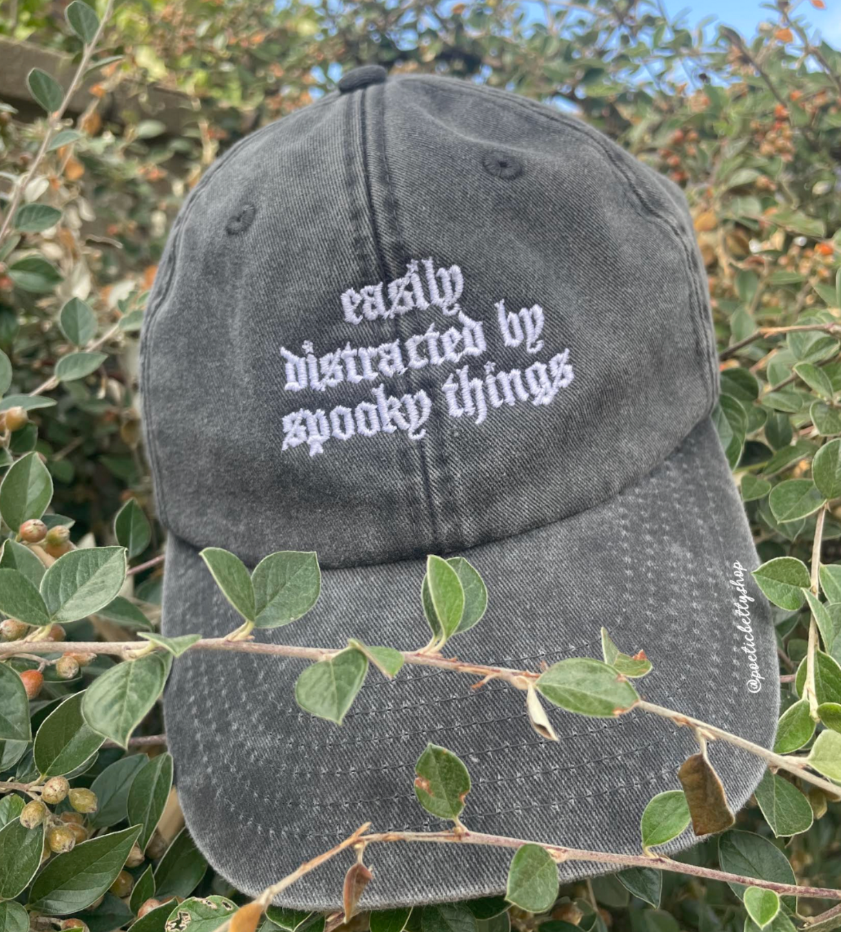 Easily Distracted By Spooky Things Vintage Black Embroidered Cap