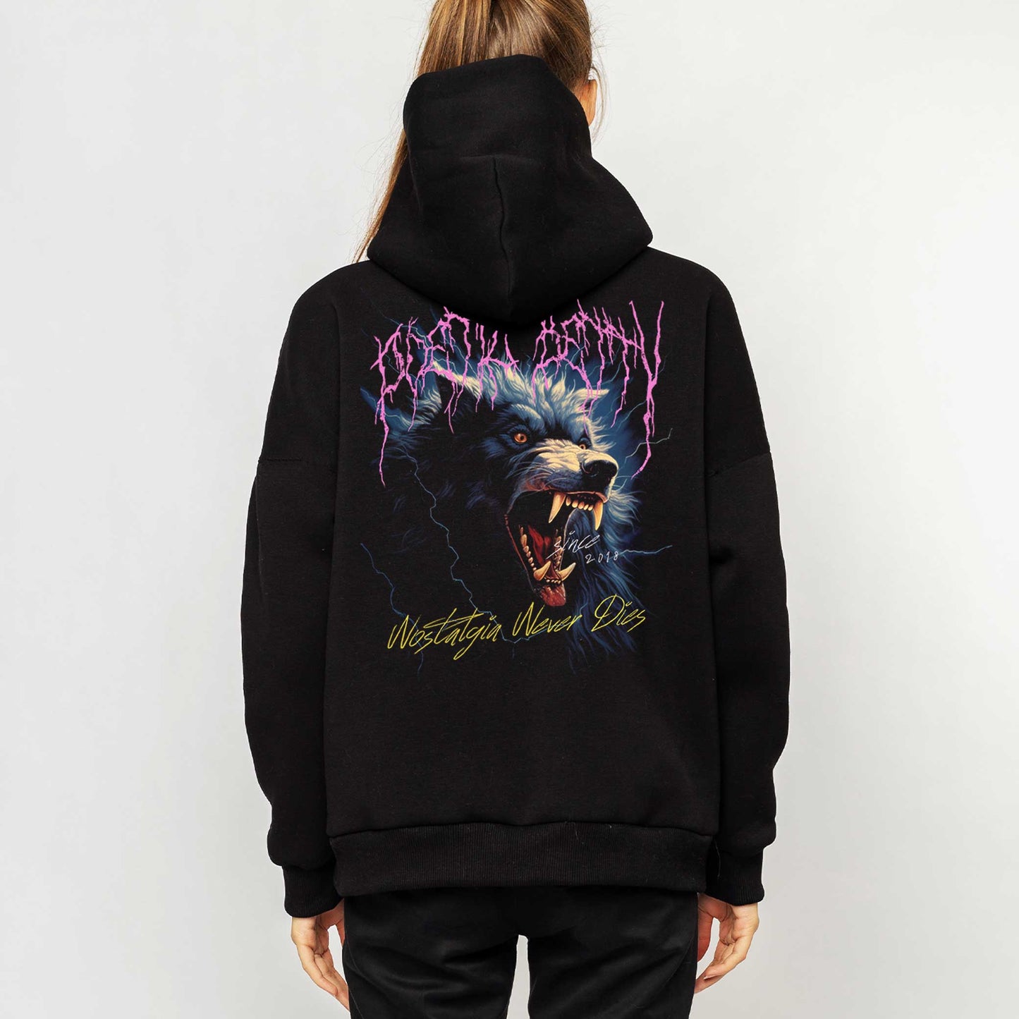 Poetic Betty™ She Wolf Metalcore 80s Vintage Inspired Unisex Pullover Hoodie Front & Back Print