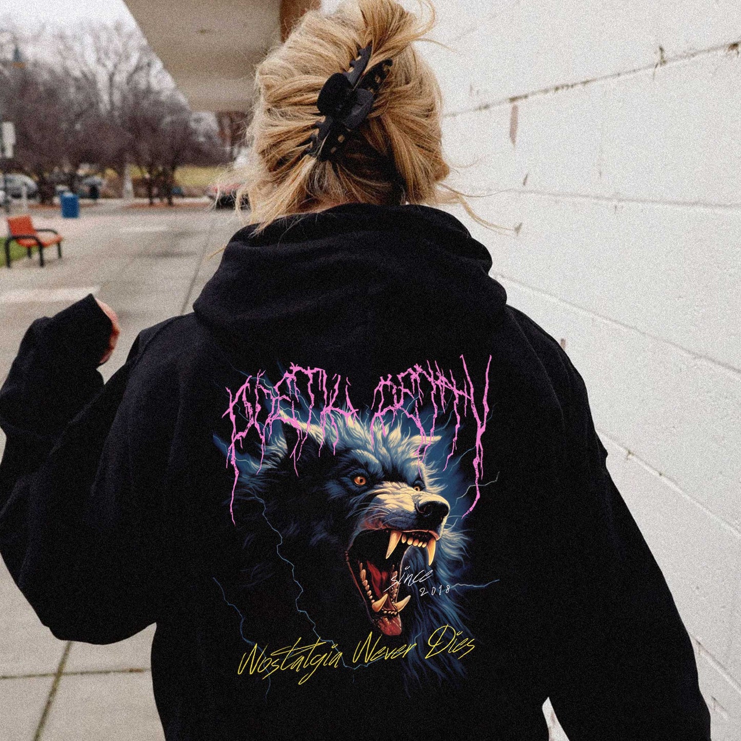 Poetic Betty™ She Wolf Metalcore 80s Vintage Inspired Unisex Pullover Hoodie Front & Back Print