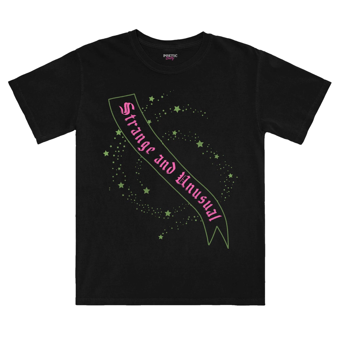 Strange and Unusual Spooky Stars and Sash Black Cotton T-Shirt
