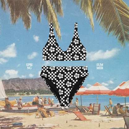 Checkerboard Hibiscus Flower Summer High-Waisted Recycled Fabric Bikini Swimwear