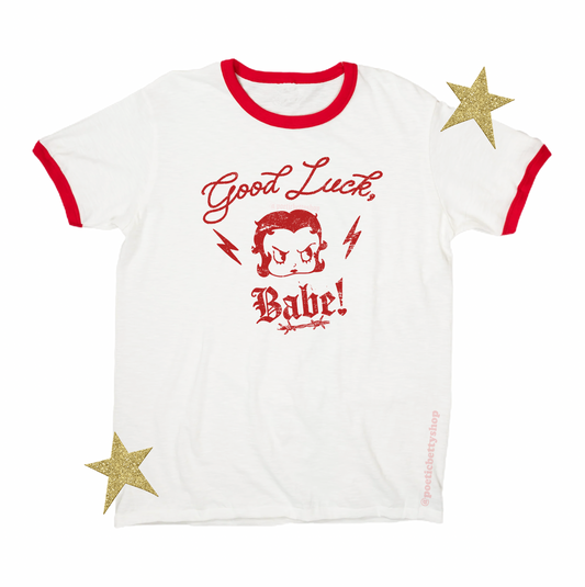 Good Luck, Babe! Red Poetic Betty Retro Ringer T-Shirt Unisex 100% Cotton