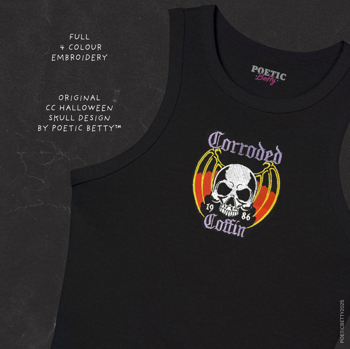 Corroded Coffin Embroidered Skull Eddie Munson 1986 Racer Back