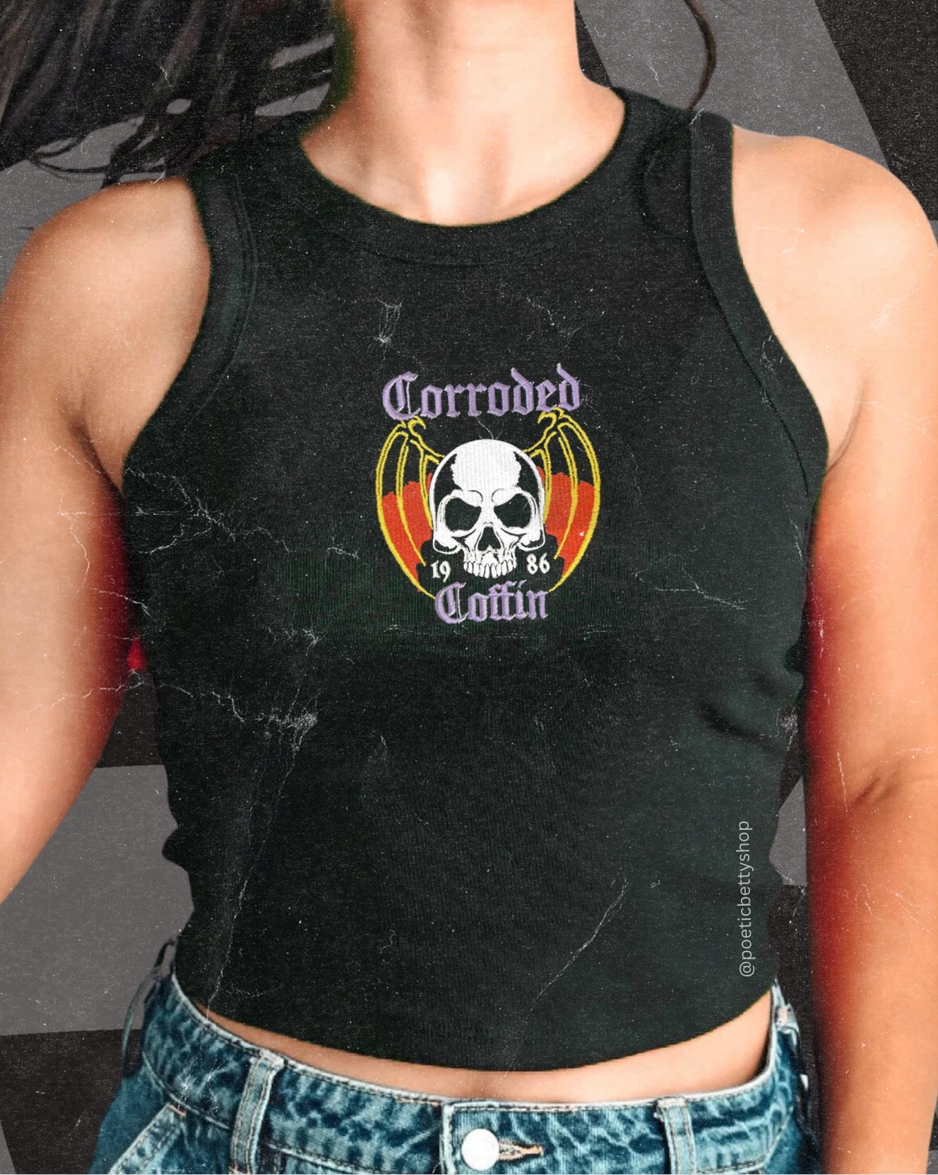 Corroded Coffin Embroidered Skull Eddie Munson 1986 Racer Back