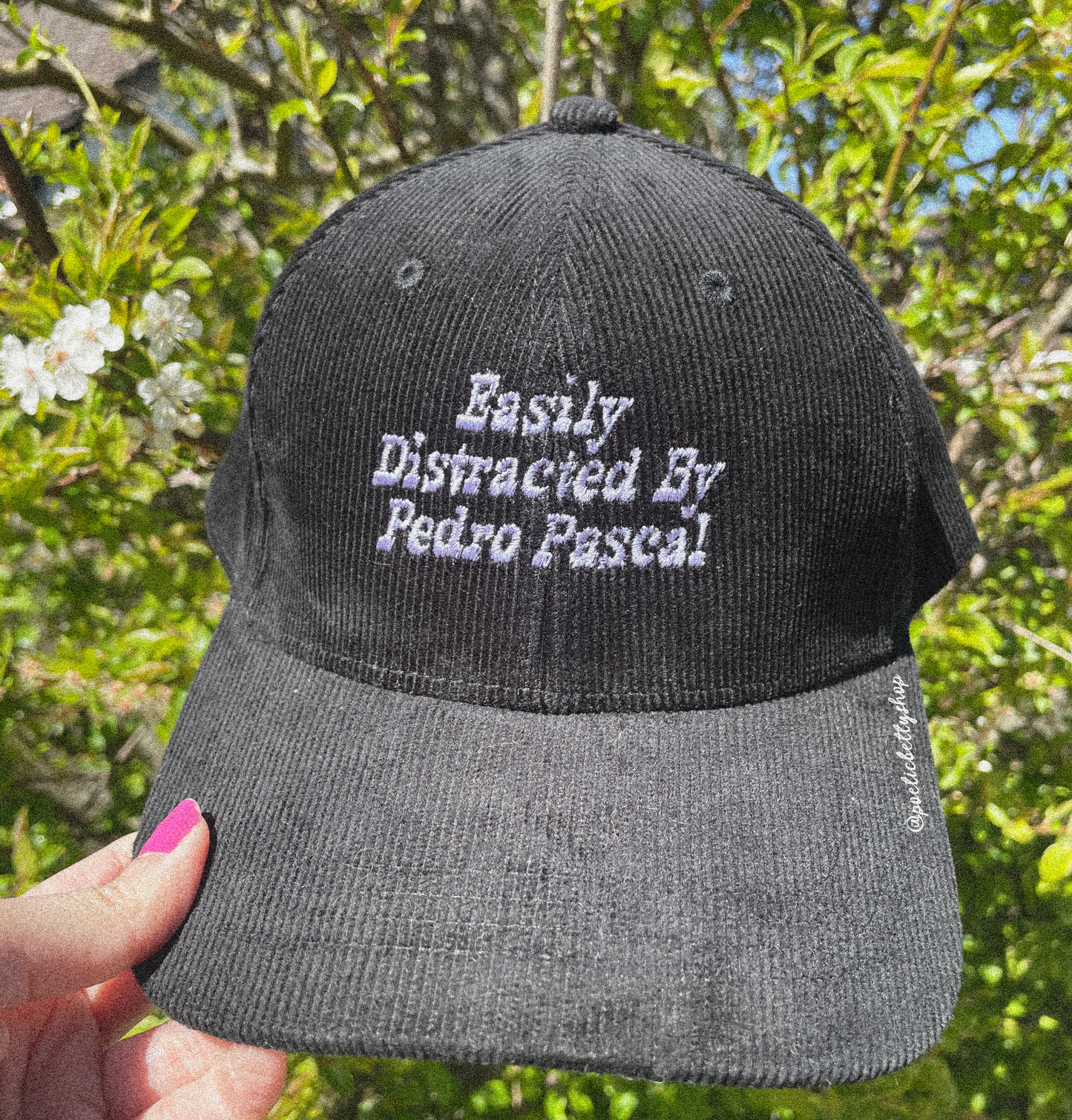 Pedro Pascal Easily Distracted Organic Corduroy Black Lilac Embroidered Cap