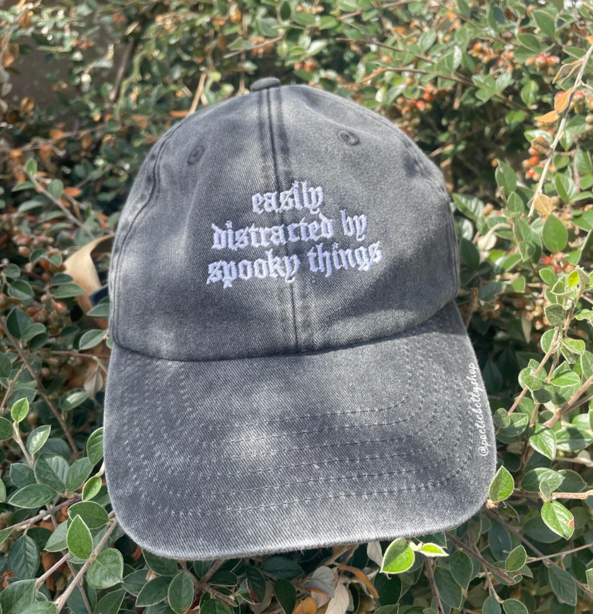 Easily Distracted By Spooky Things Vintage Black Embroidered Cap