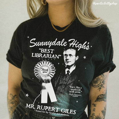 Rupert Giles Best Librarian Award Buffy Vintage Style Black Cotton T-Shirt